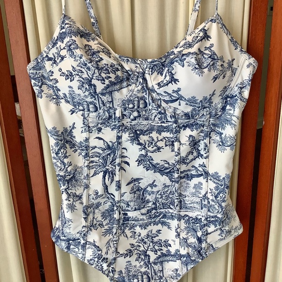 Tolie Corset One Piece Swimsuit Womens size L Blue White Country Scene - Picture 2 of 8